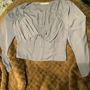 Abercrombie & Fitch A&F Satin Long Sleeve Top Blouse Blue Plunge Neck L